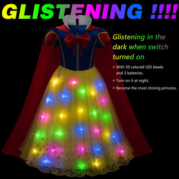 Kaisebile Light Up Princess Snow White Costume for Girls Dress Up - LED Light-Up Princess Snow White Dress with Accessories for