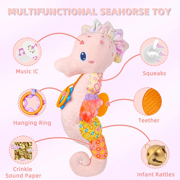Coqin Baby Toys - Pink Musical Seahorse Stuffed Animal, Sensory Rattle, Soft Tummy Time Toy for Newborns 0-6 Months