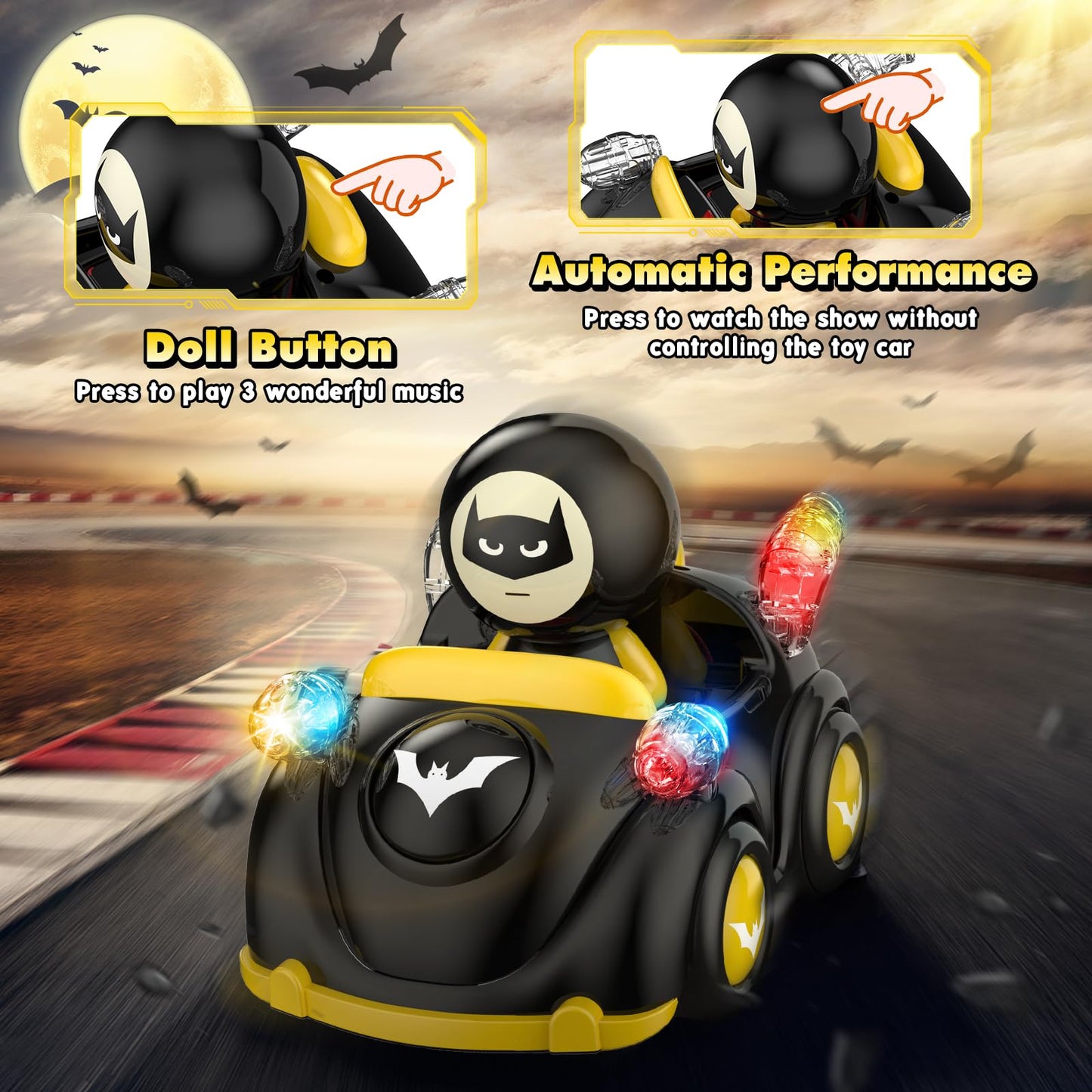 NQD Bat Remote Control Car for Toddlers, RC Cars with Music and Lights, ABS Material RC Cartoon Race Car Toys for Kids Birthday