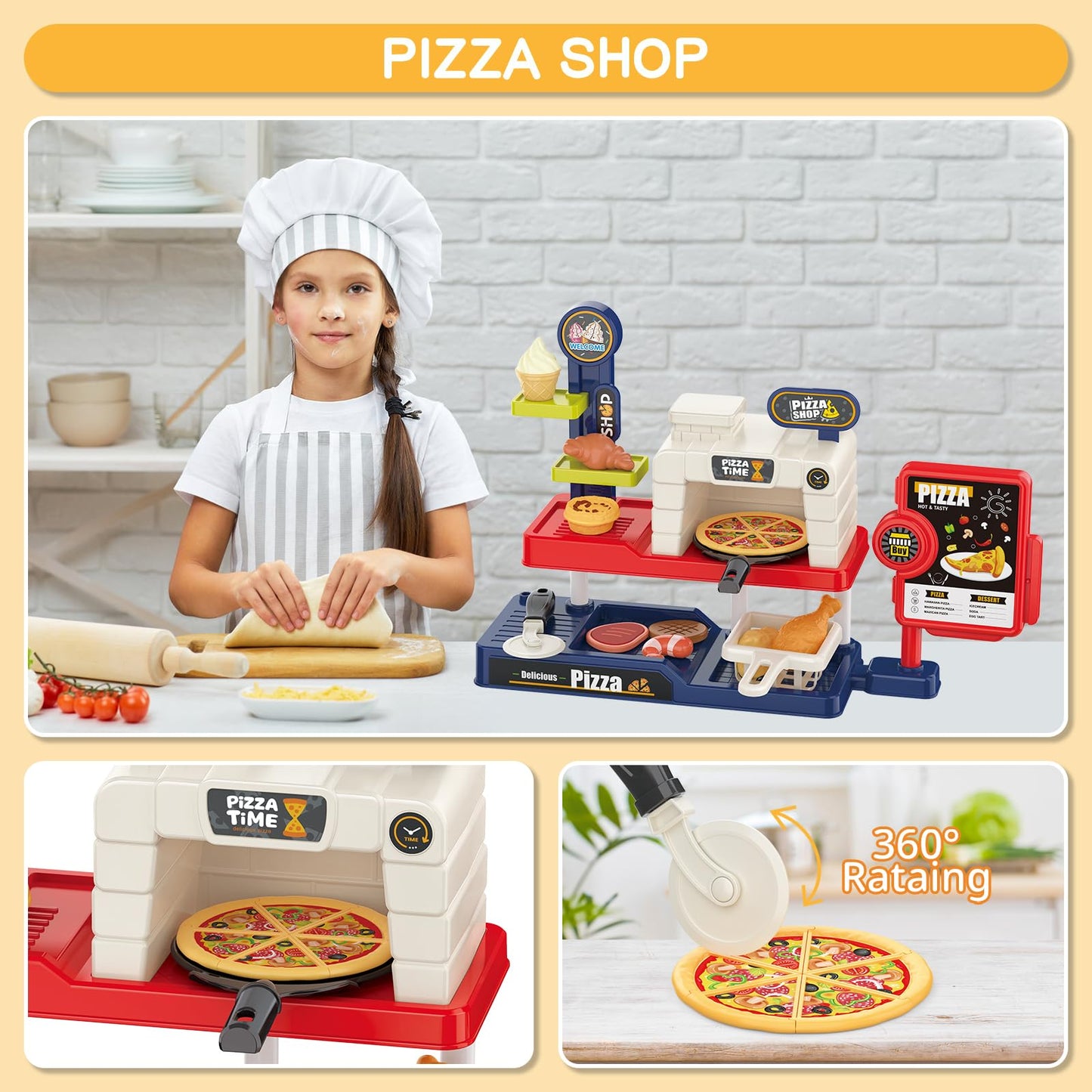 Deao Pretend Play Store Pizza Play Set For Kids, Realistic Pizza Pie Pretend Play Food,Slice And Serve Plastic Kitchen Cooking A