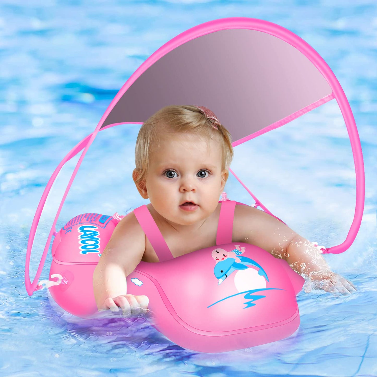 LAYCOL Baby Swimming Float with UPF50+ Canopy, Large Pink, No Flip Over Design for 3-36 Months Pool Safety