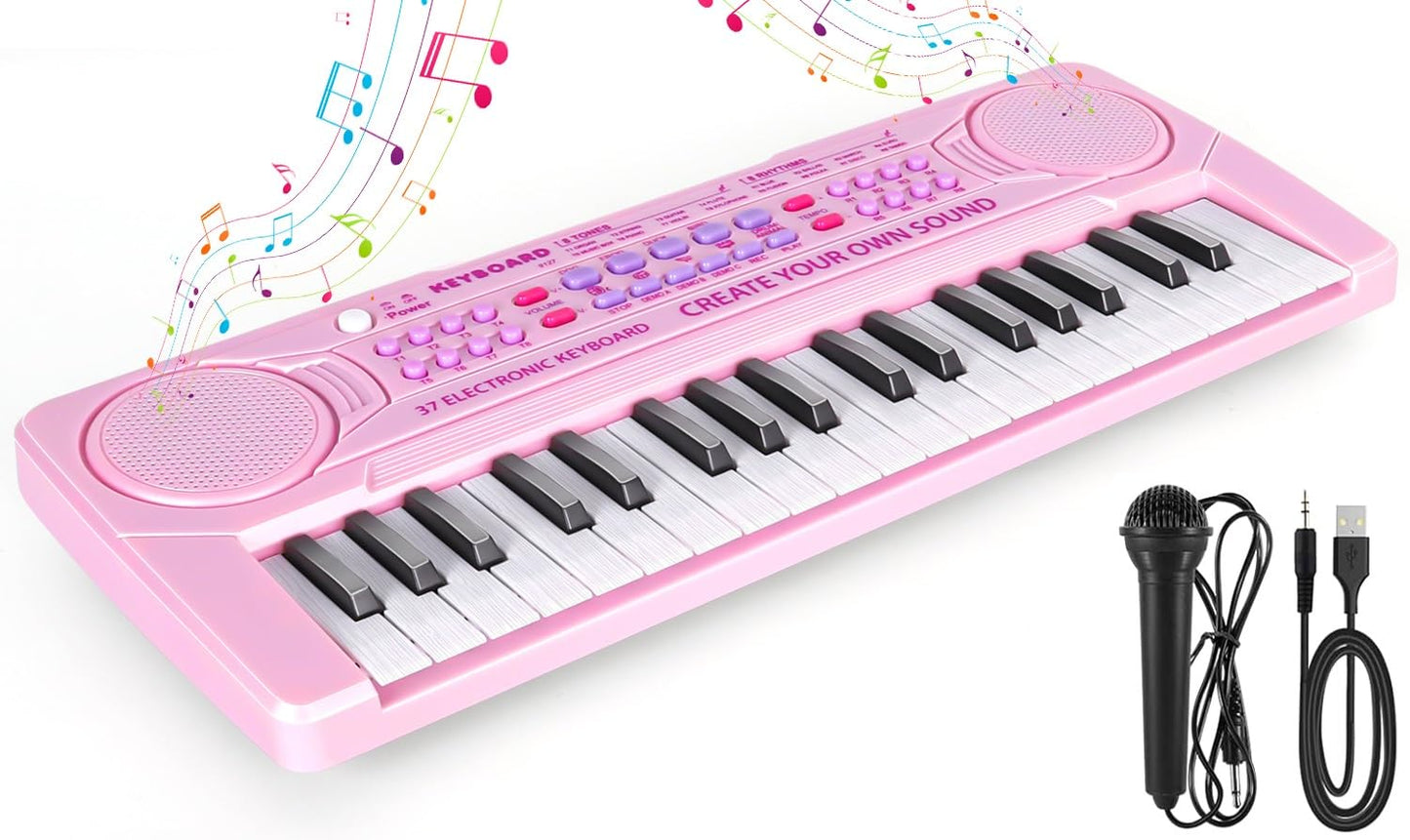 M Sanmersen Kids Piano Keyboard - 37 Keys Piano Toys For Kids Beginners Electronic Piano With Microphone Educational Musical Toy For 3 4 5 6 Year Old Boy Girls Gift