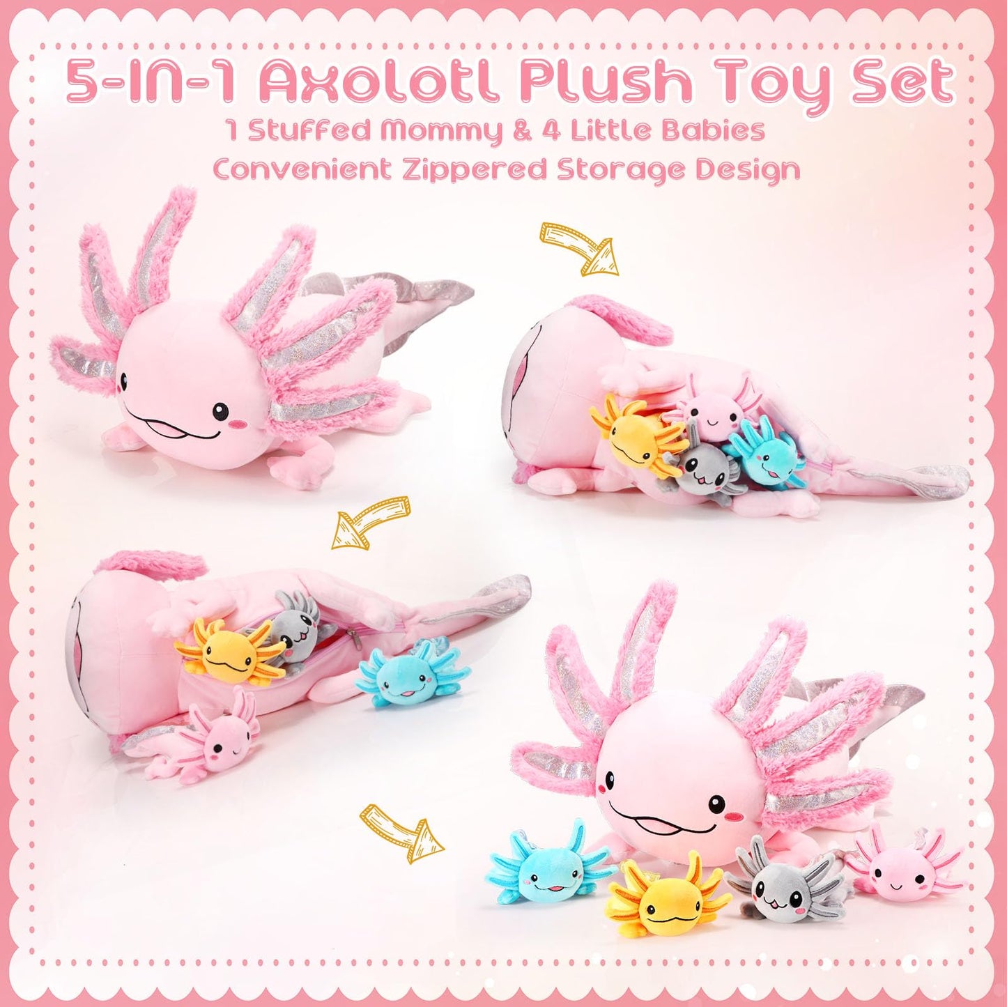 Aoriher 5 Pcs Axolotl Plush Set - 24 Inch Mommy & 4 Cute Baby Plushies, Soft Cotton Cuddly Toy, Pink, Ideal for Kids' Gifts & Parties