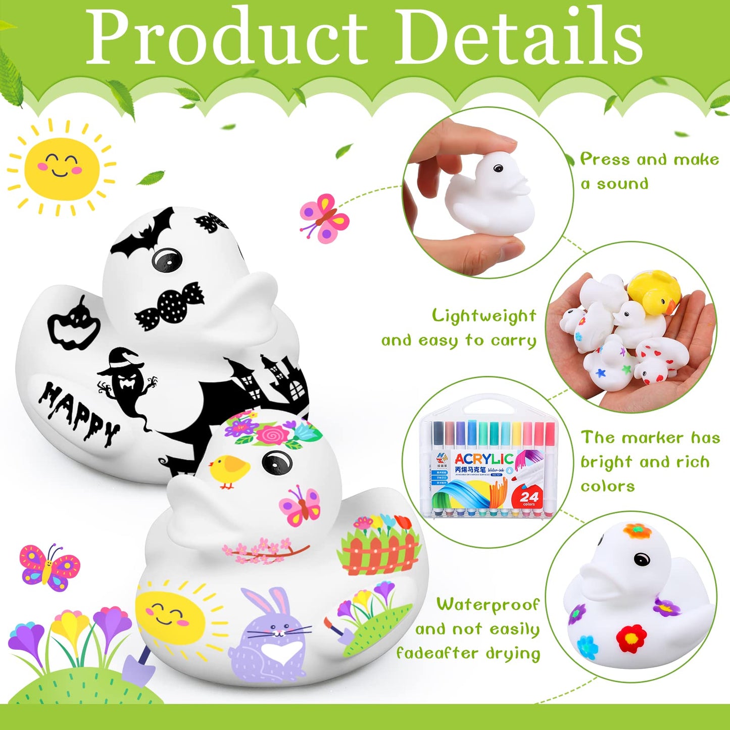50 Pcs 2 Inch White Blank Rubber Ducks In Bulk Valentines Day Gifts For Kids Ducks With Pens Of 24 Colors Float Squeak Funny Rubber Duck Bath Shower Toy Birthday Gift Activities Themed Party Favor