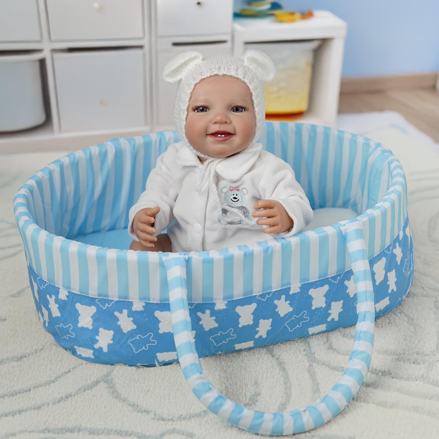Babeside Reborn Baby Doll Bassinet For 17-22 Inch Dolls, Cute Bear Patterns Baby Doll Accessories Soft Foldable Babydoll Crib Be