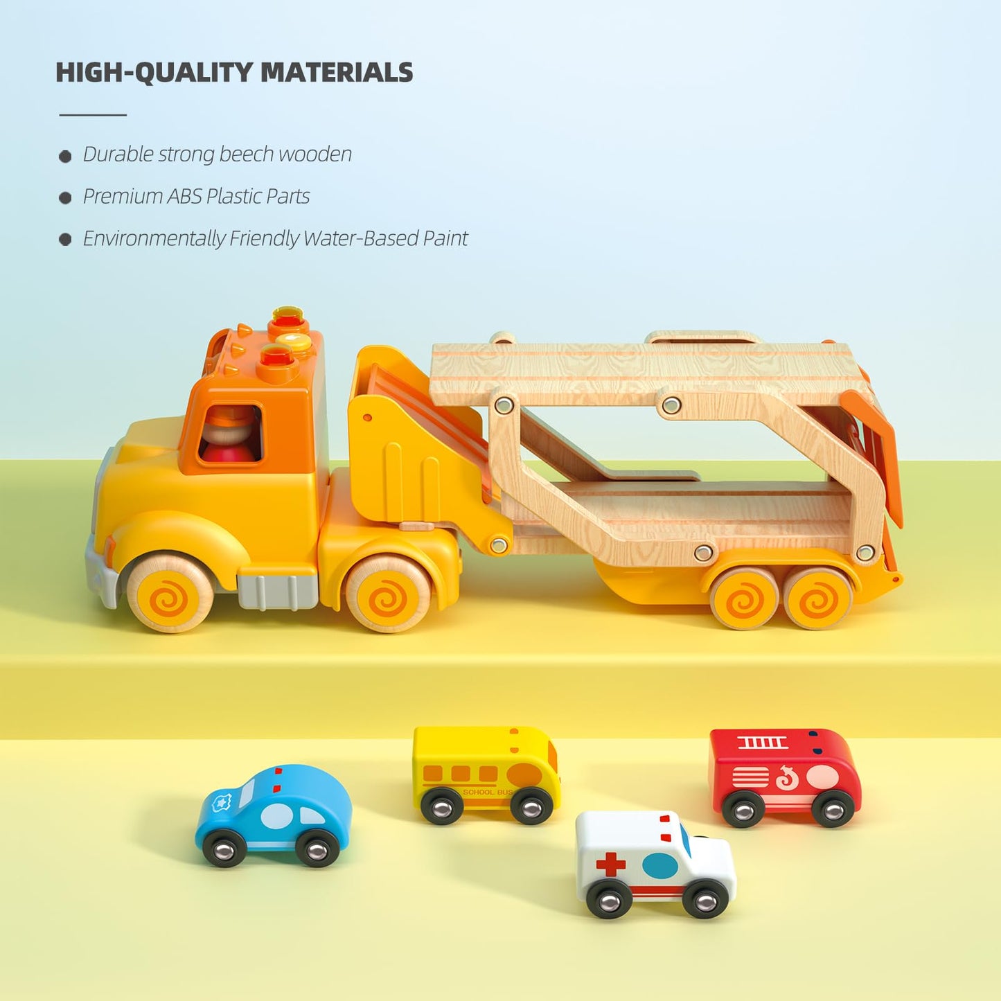 Toddler Car Toys for 2 3 4 5 Years Old Kids, Transport Carrier Truck Toy with 4 Wooden Vehicle, 24IN Foldable Track Trailer with