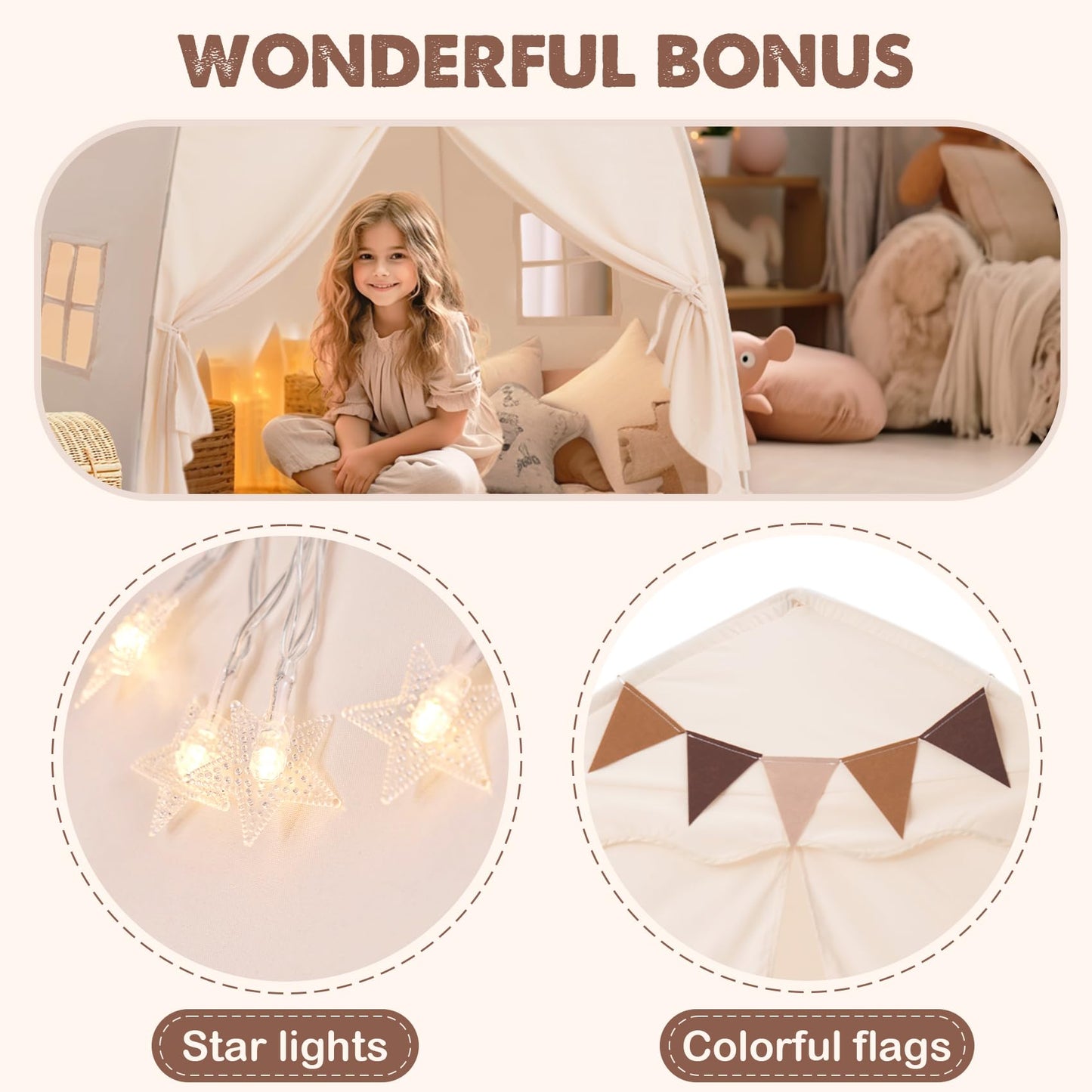 Extra Large Kids Play Tent With Flags & Star Lights, Portable & Foldable Teepee, Bed Tent Bed Canopy For Boys & Girls, Indoor Ou