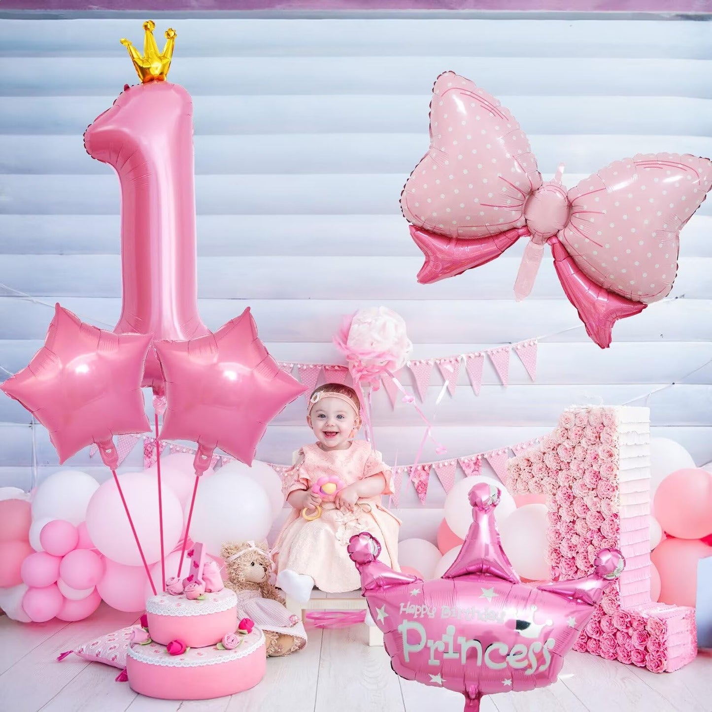 1St Birthday Decorations For Girls, Pink 1St Birthday Balloon Set With 40 Inch Pink Number 1, Large Helium Foil Mylar Crown Balloon, Pink Bow Foil Balloons For Baby Girl Daughter First Birthday Party