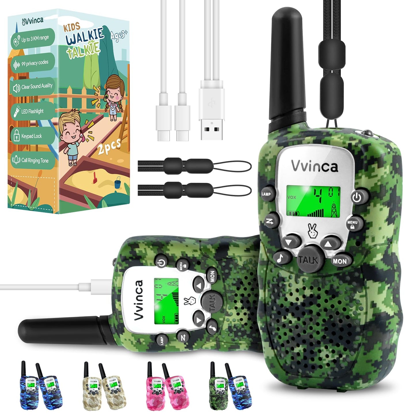Vvinca Walkie Talkies For Kids Rechargeable 2 Pack, Army Toys For Boys Girls Ages 3-13 Outdoor Military Camping Toy, 3Km Long Ra