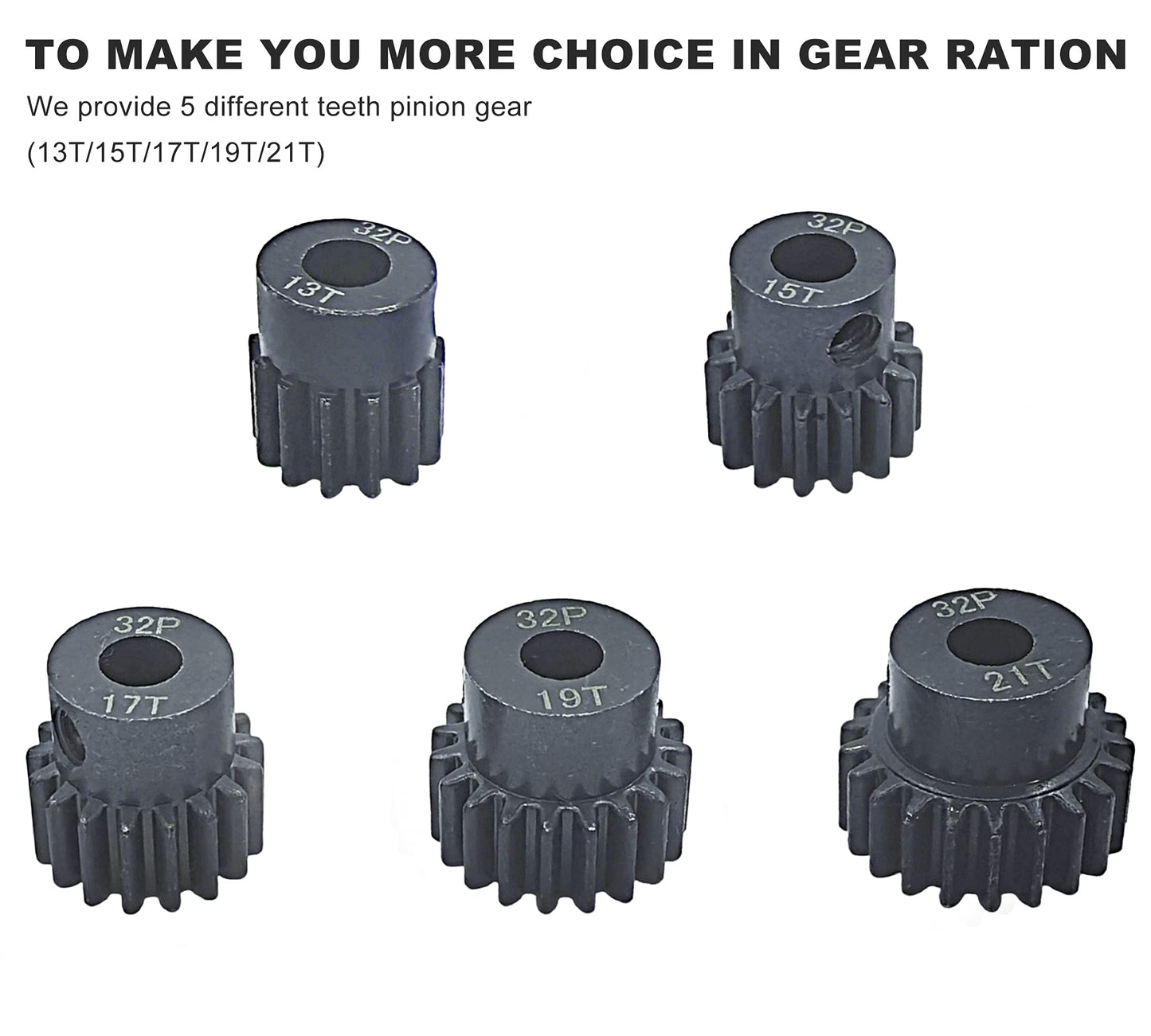 HOPLEX 32P 5mm Hardened Metal Pinion Motor Gear Set 13T 15T 17T 19T 21T with 3.175mm Coupler for RC Buggy Car Monster Truck