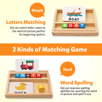 Coogam Wooden Blocks Spelling Game, Color Alphabet Letters Matching Flash Cards Abc Cubes Sight Words Learning Educational Montessori Puzzle Gift For Preschool Kids Boys Girls Age 3 4 5 Years Old