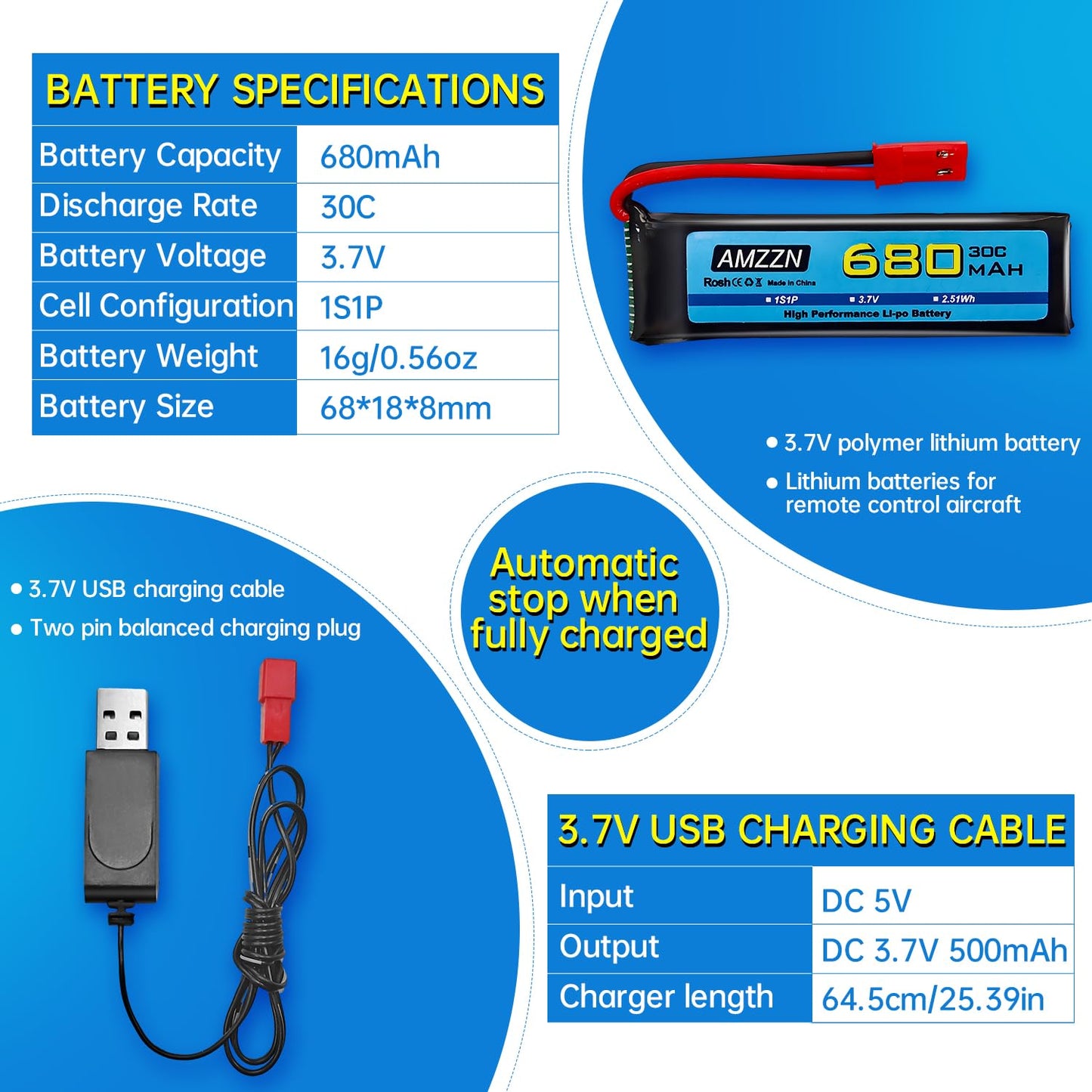 Amzzn 2Pcs 3.7V 680Mah 1S Lipo Battery With Jst Plug And Usb Charging Cable For Udi U817 U818A V959 V222 V929 S032 Rc Drone, Fou