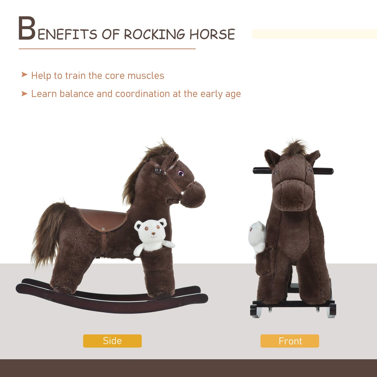 Qaba Kids Plush Ride-On Rocking Horse With Bear Toy, Children Chair With Soft Plush Toy & Fun Realistic Sounds, Brown