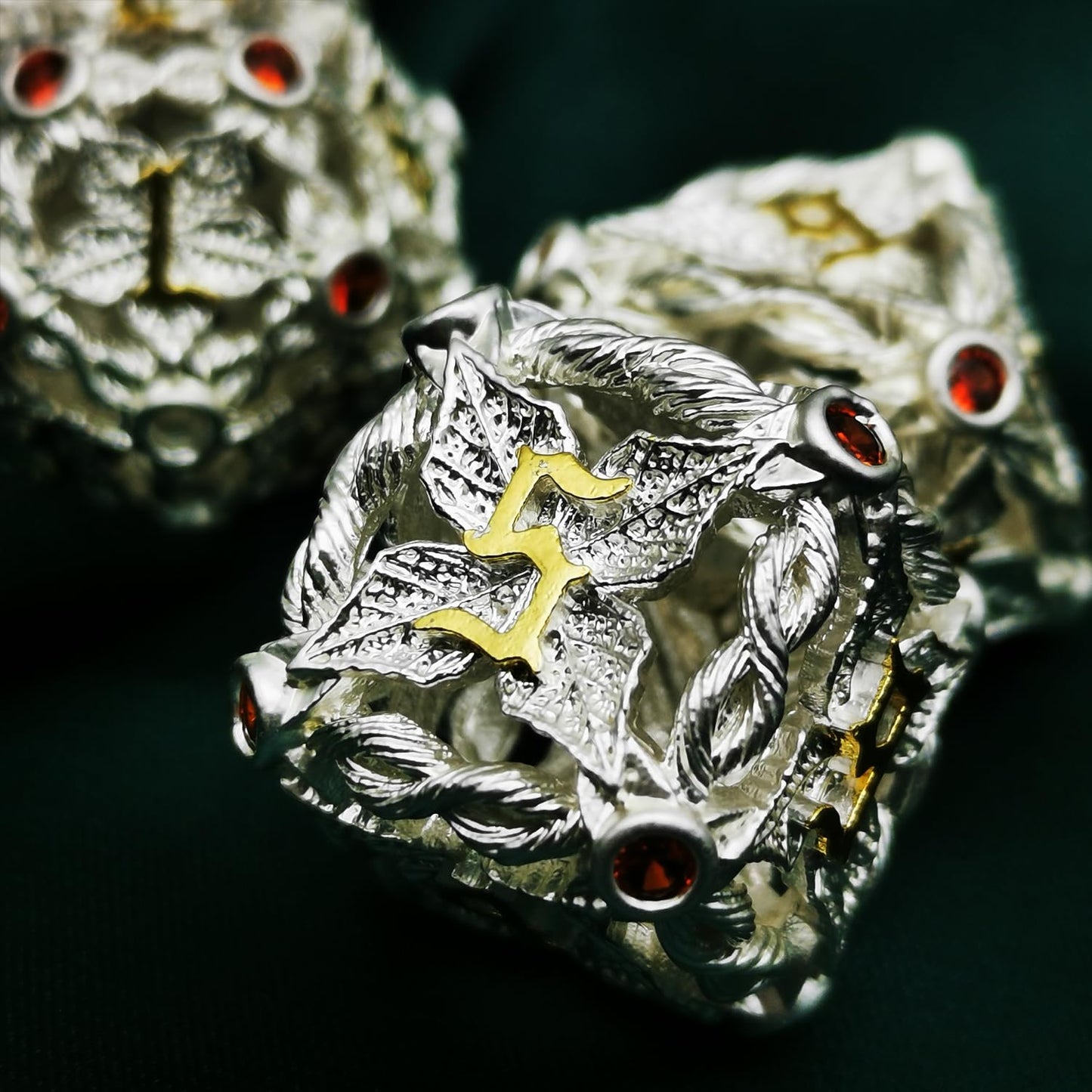 MJDICEOK Hollow Magic Vine Leaf DND Dice Set Metal Dice Set 7 Role Playing Dice D&D Dungeons and Dragons Dice (White + Red Gem)