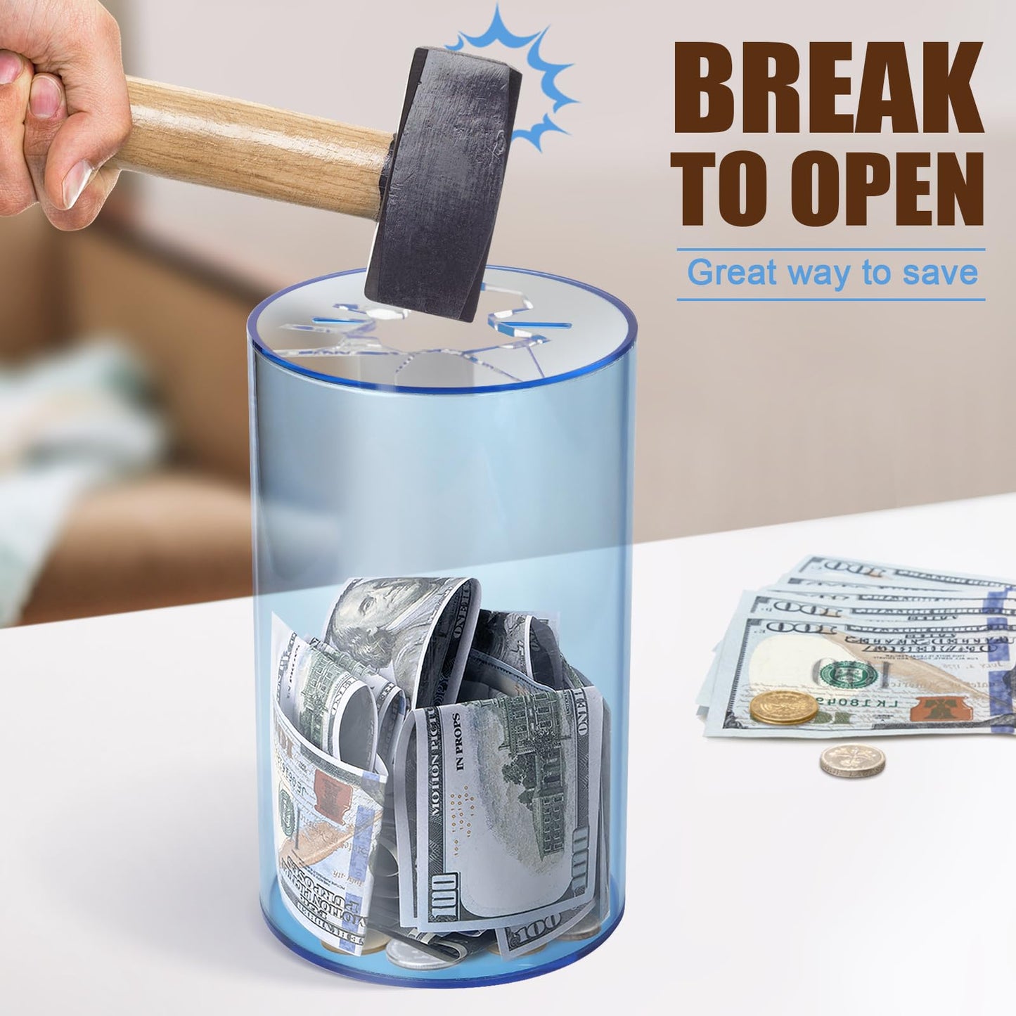 Hicocool Clear Piggy Bank For Adults Kids Must Break To Open, Blue Acrylic Piggy Bank Unopenable Money Savings Jar (8' H X 5' D)