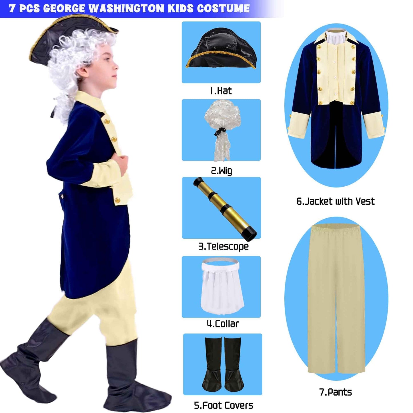 Yunsuelo George Washington Costume For Boys, Kids George Washington Costume With Wig Halloween Alexander Hamilton Colonial Costu