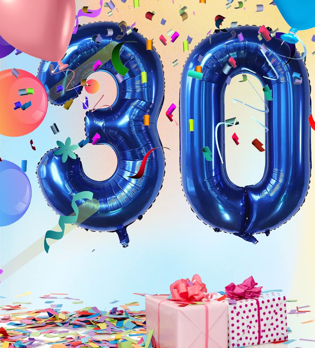 EBAIJQUO 40 Inch Navy Blue Number 30 Balloons - Self-Sealing Aluminum Foil for Birthday and Anniversary Decorations