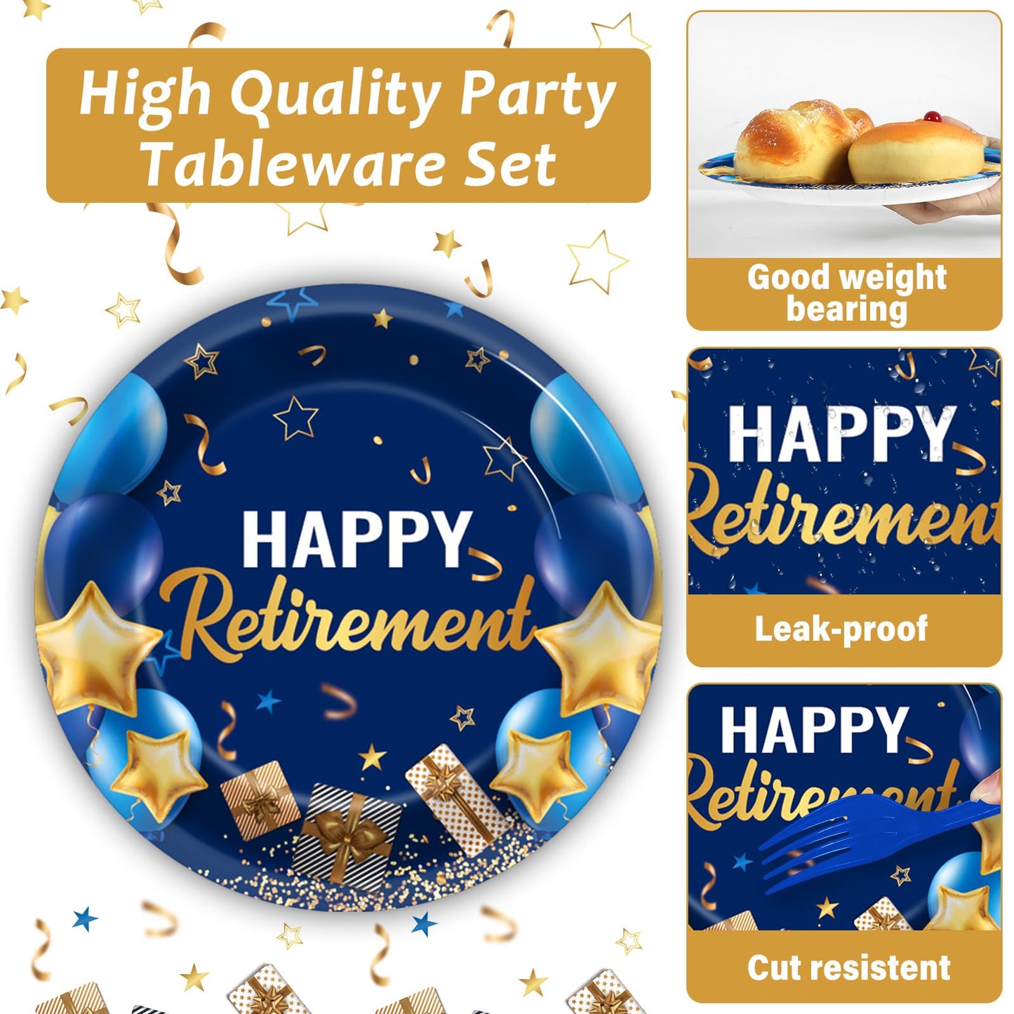 Gisgfim 96 Pcs Retirement Party Supplies Paper Plates Napkins Blue Gold Happy Retirement Party Tableware Decorations Favors For