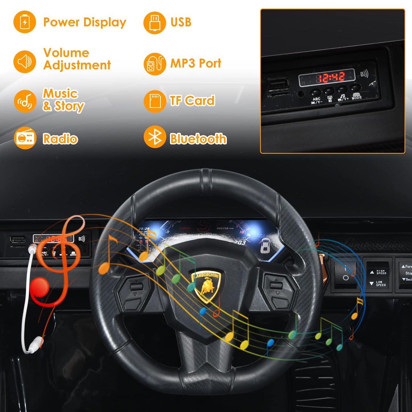 Olakids Kids 12V Licensed Lamborghini Sian Ride On Car, Electric Vehicle For Toddler With Control Remote, Battery Powered Toy With Music, Horn, 2 Speeds, Suspension, Led Lights, Bluetooth (Black)