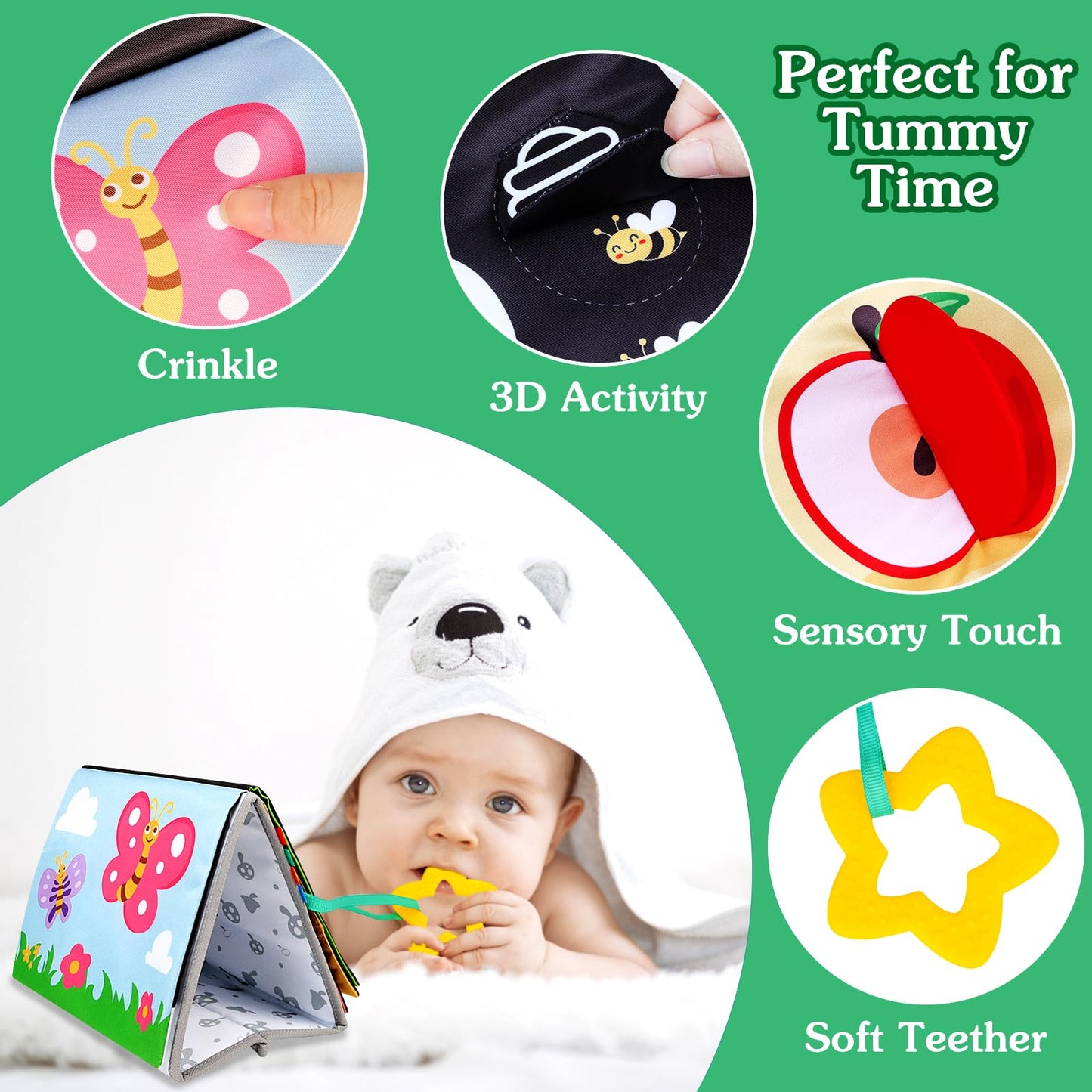 Aboosam Tummy Time Mirror Baby Toys 0-6 Months - Infant Toys Black And White High Contrast Baby Crinkle Toys 0-3 Months With Teether - Montessori Newborn Brain Development Sensory Toys For Babies
