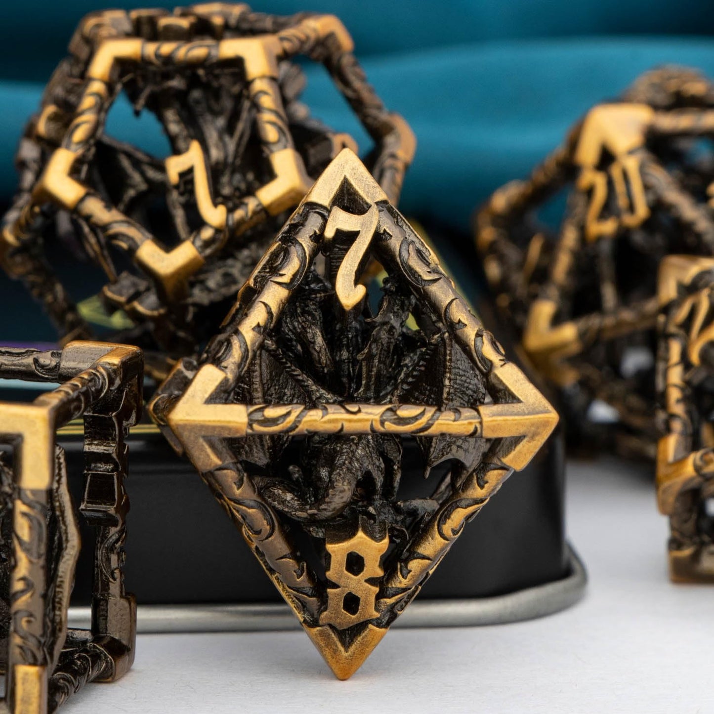 ARUOHHA Hollow DND Dice Set Antique Gold 5-Headed Dragon D and D Dice with Gift Box, Dungeons and Dragons Role Playing Games 7PC