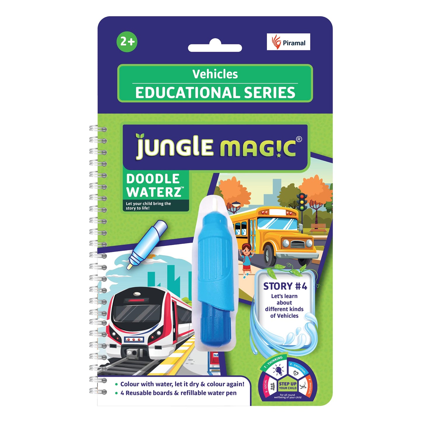 Jungle Magic Plastic Doodle Waterz - Reusable I Water Colouring Book - Vehicles I Self-Drying With Easy To Hold Water Pen I Educ