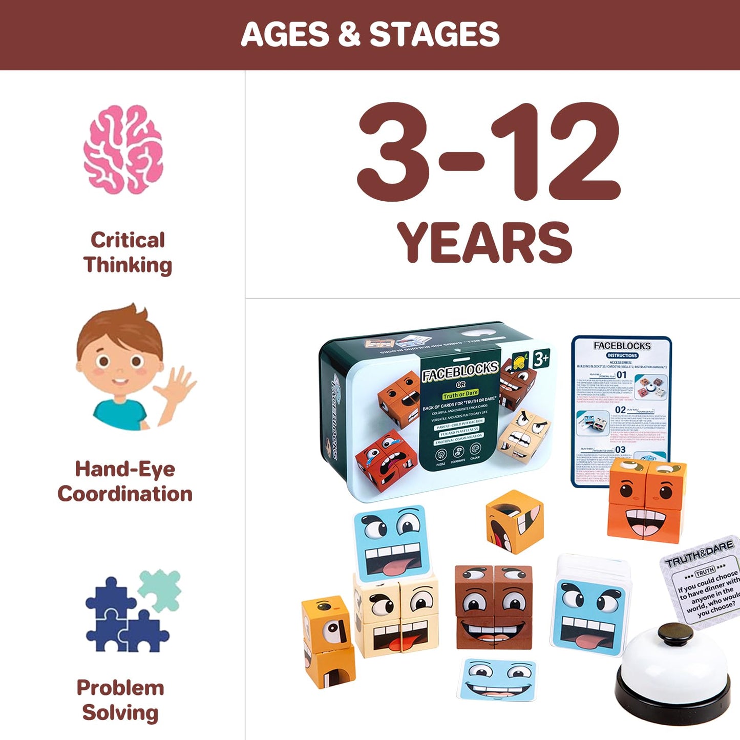Face Change Cube Game, Wooden Face Changing Magic Cube Game With Bell Wood Blocks Stacking Toys Montessori Toys For 3+ Year Old Toddler Card Matching Games Mini Building Blocks (C)