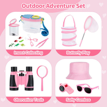 GIFTINBOX Outdoor Explorer & Bug Catcher Kit for Kids, Pink, Medium, Includes Hat, Binoculars, Net, Whistle, Magnifying Glass, Backpack