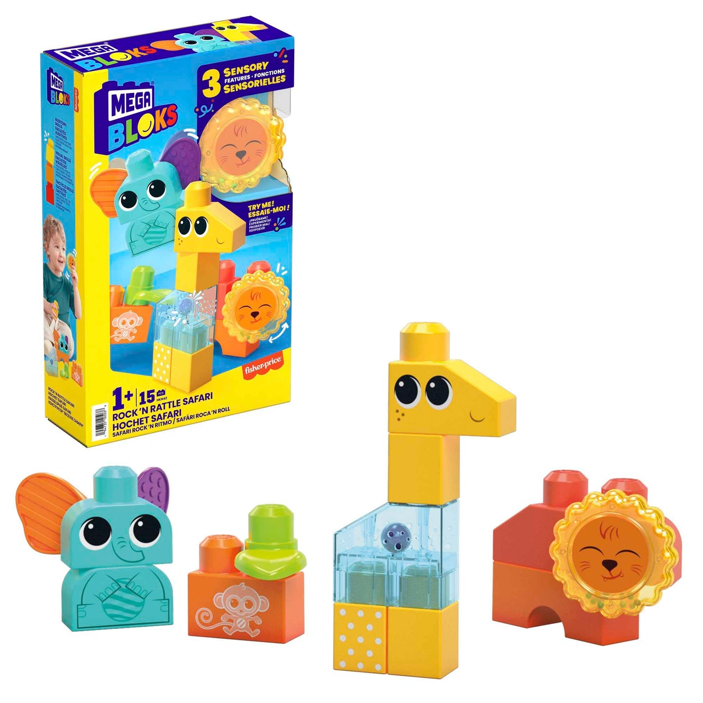 Mega Bloks Fisher-Price Toddler Building Blocks Toy Set, Rock ‘N Rattle Safari With 15 Pieces, 3 Buildable Animals, Ages 1+ Years