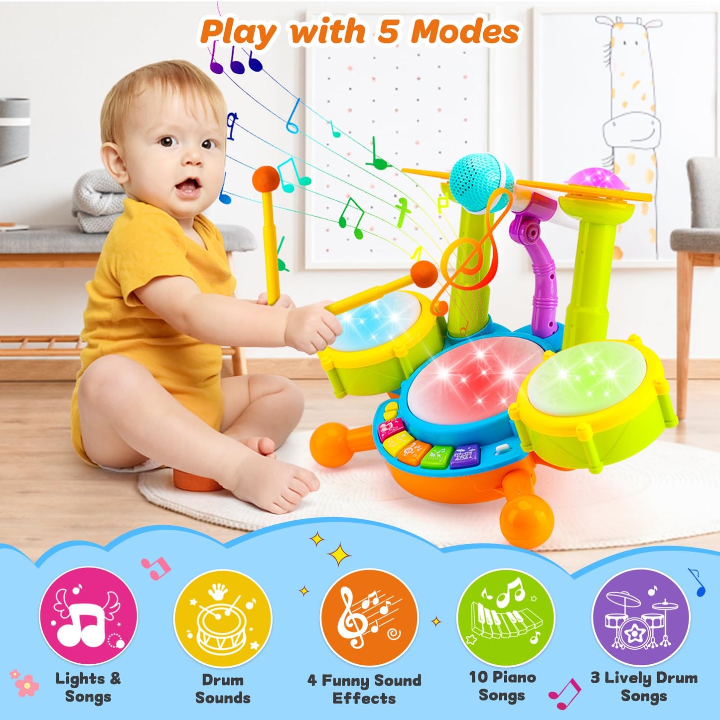 Kids Drum Set For Toddlers 1-3 Musical Baby Toys For 1 Year Old Boy Gifts Montessori Baby Girl Toys With Microphone Light Up Learning Toys Birthday Gifts For Infants 6 9 12 18 Months Toddler Age 1-2