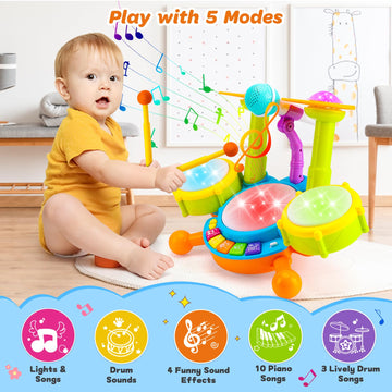 Keysense Lifestyle Kids Drum Set - Musical Toy for Toddlers 1-3, Light Up, Microphone, Plastic, Green/Yellow/Orange