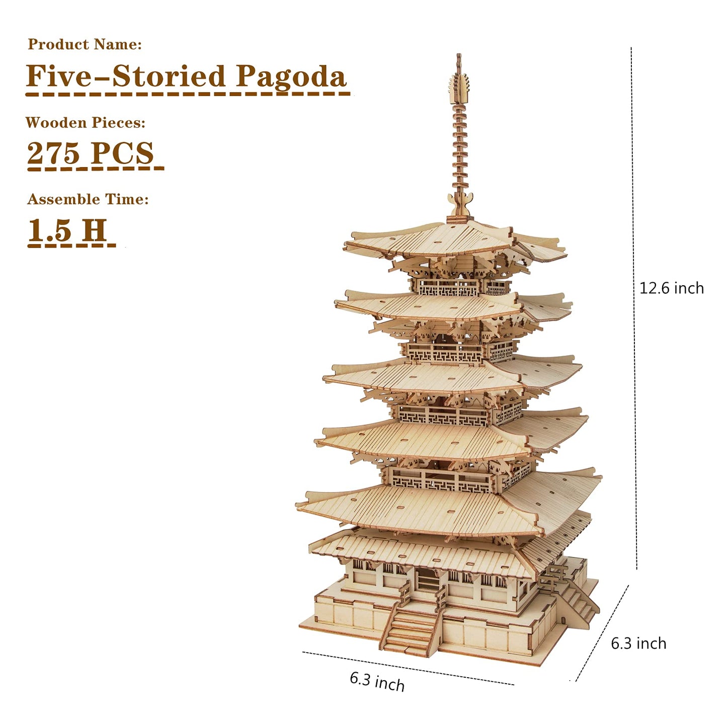 Robotime 3D Puzzle Wooden Craft Kits For Adults Diy Model Building Kit Best Gift For Kids (Five-Storied Pagoda)