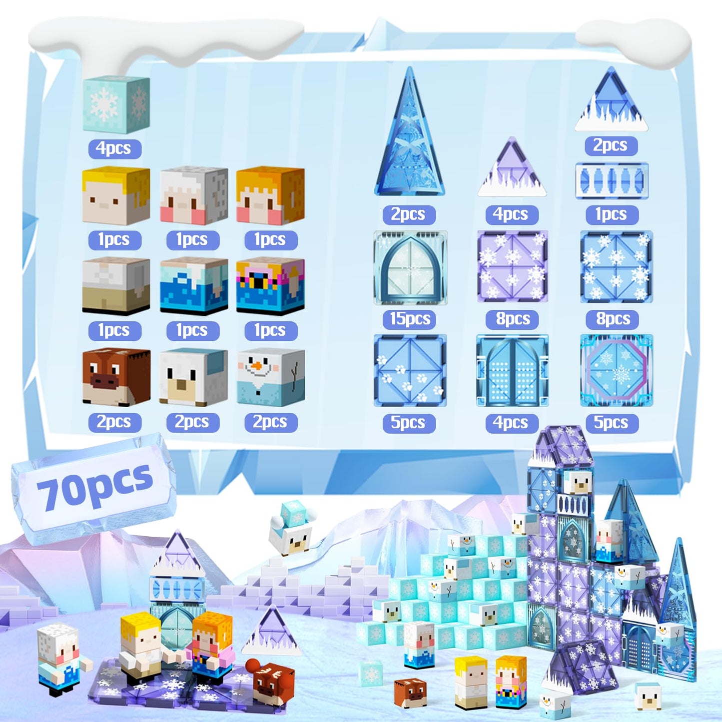 Gobidex 70Pcs 2-In-1 Magnetic Blocks Tiles Frozen Toys For Girls, Princess Frozen Castle Magnet Building Blocks For Toddlers Kids, Build With Magwonder Stem Toys, 3+ Years Old Girls Birthday Gifts