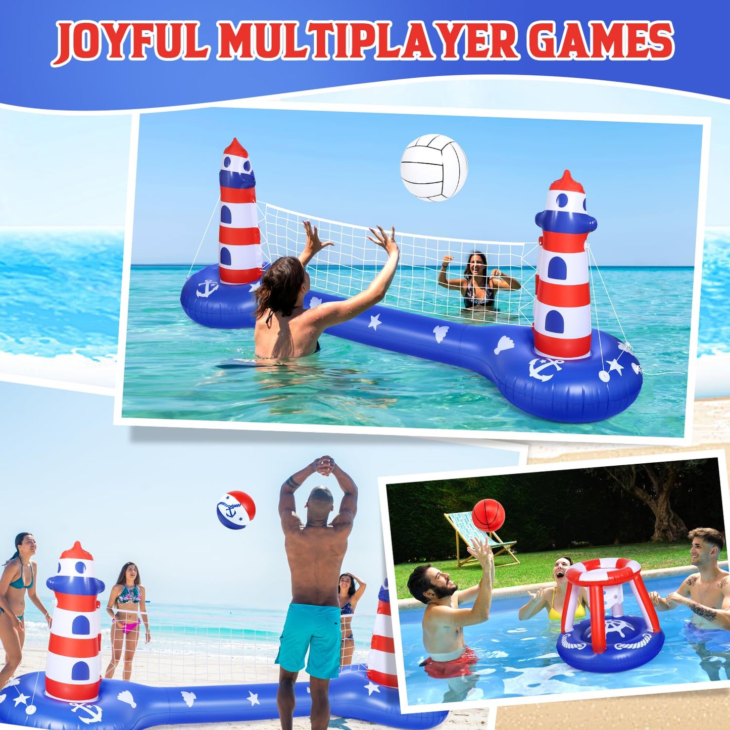 Eaglestone Pool Volleyball Net &Basketball Hoop Inflatable Pool Floats Toys Swimming Water Games For Adults And Kids 8-12 Teens