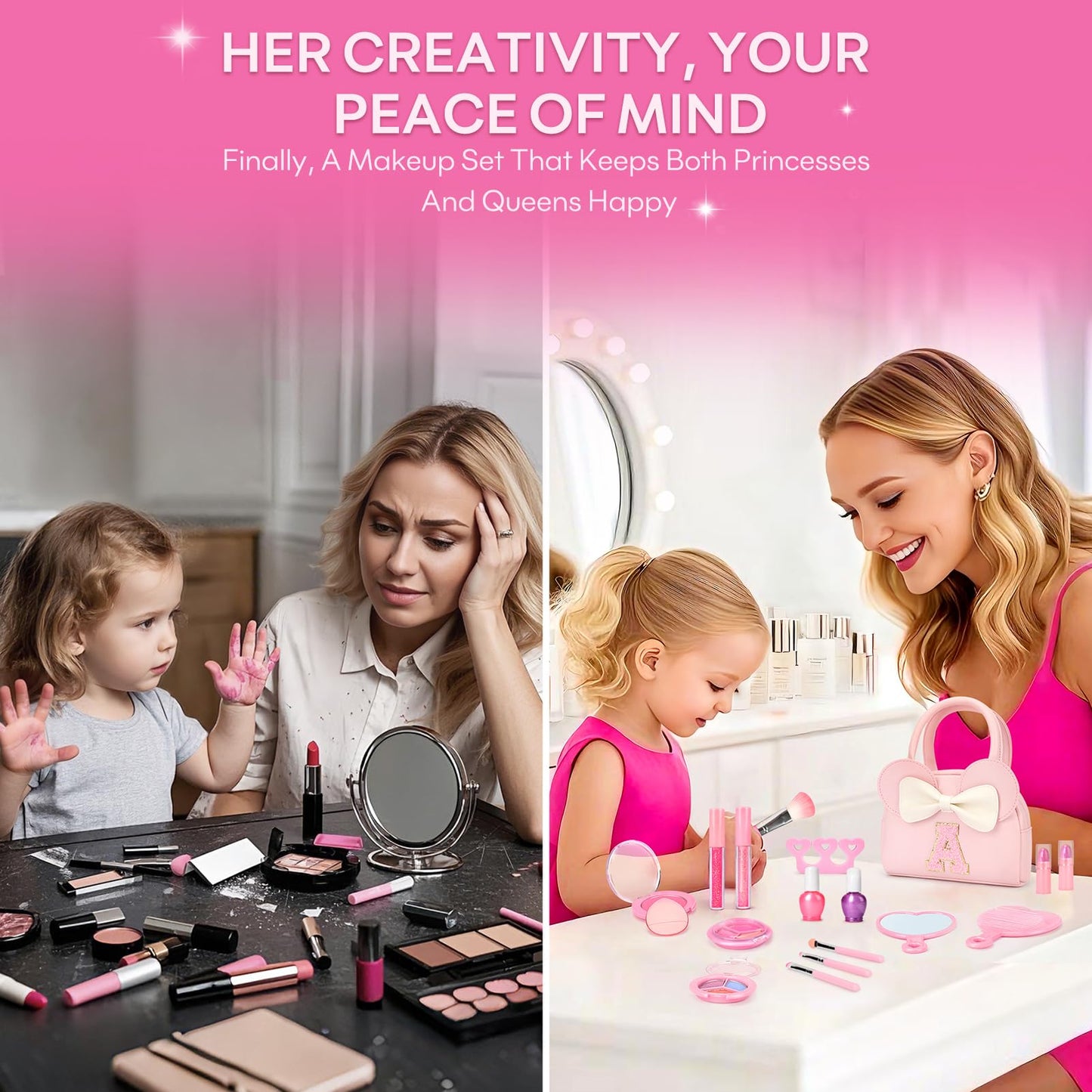 Kids Real Makeup Kit for Girls - 18Pcs Non-Toxic Washable Make Up Toys with Initial Toddler Purse - Personalized Birthday Gifts