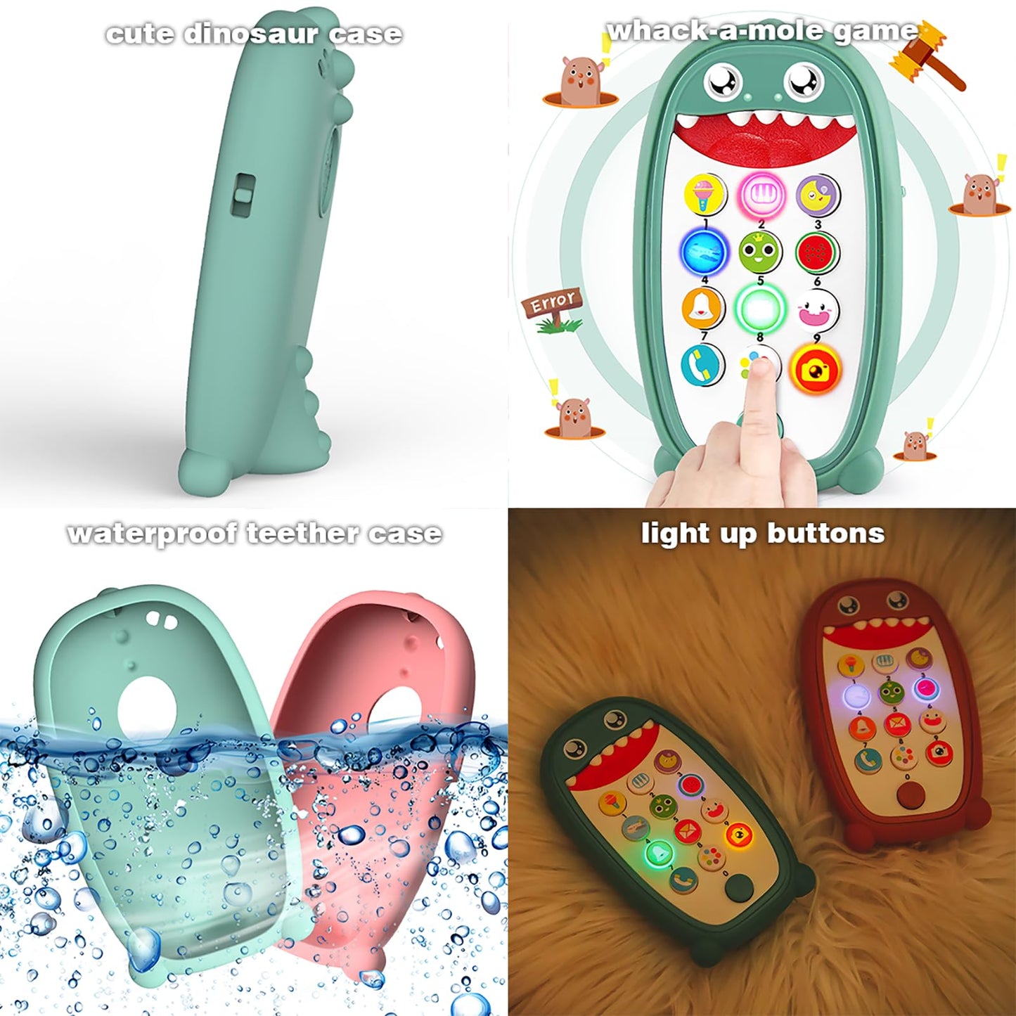 Baby Dinosaur Cell Phone Toy Removable Soft Teether Case, Lights, Music & Adjustable Volume Kids Play & Learn Pretend Phone Infa