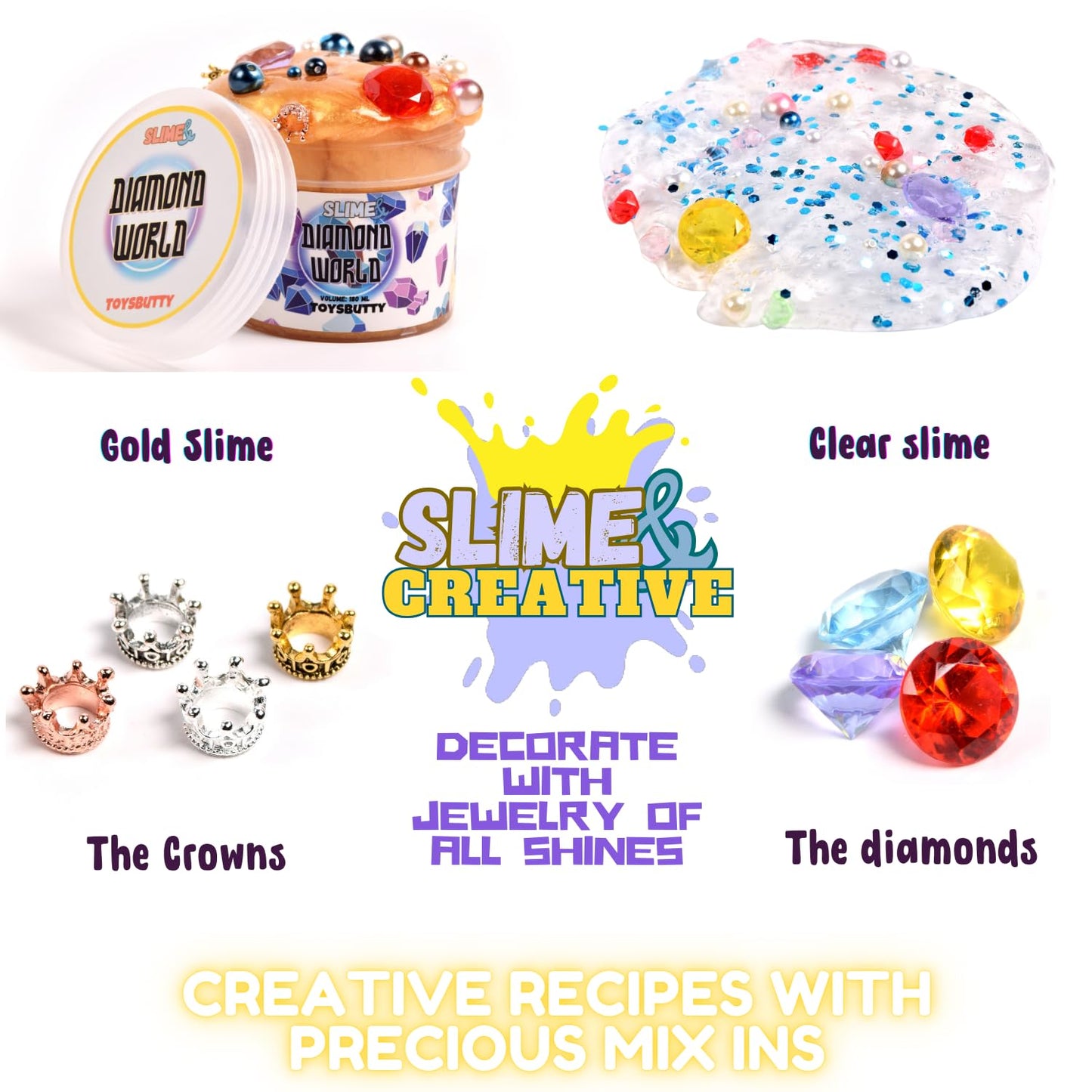 Finoclay 2 Pack Crystal Clear & Golden Stretchy Slime Kit For Girls Boys, Create With Kids Diamonds Theme, Slime Making Kit, 8 F