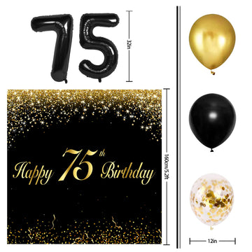 LINGPAR Black 75th Birthday Balloons Set - Cheers to 75 Years Garland Banner Decorations for Men & Women Party Supplies
