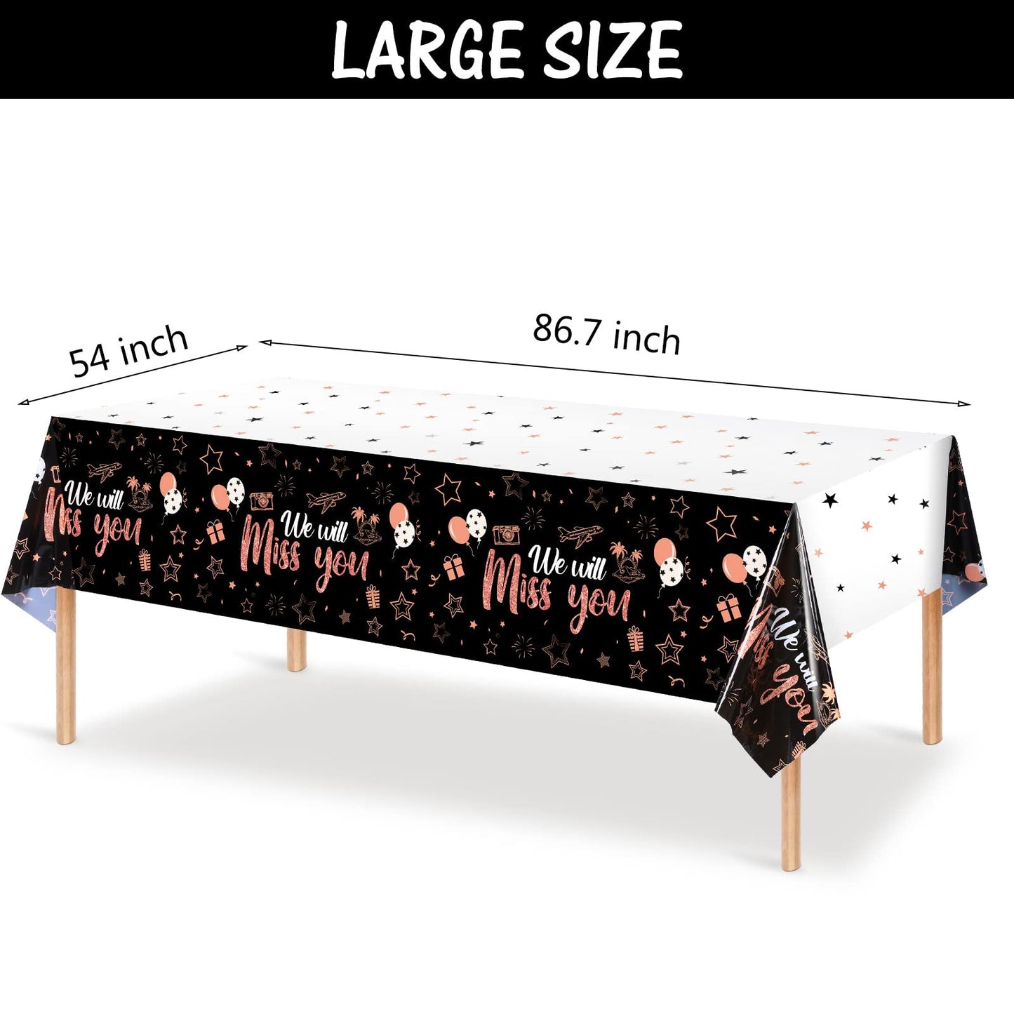 3 Pieces We Will Miss You Tablecloth Going Away Party Decorations Retirement Themed Table Cover Stars Disposable Plastic Table Cloth For Farewell Anniversary Party Supplies (Rose And Gold)