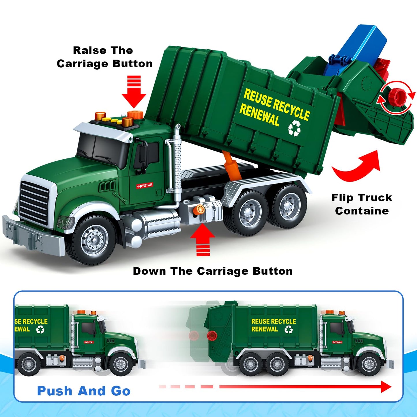 Kids Toys for 3 4 5 6 7 8 Years Old Boys, 15'' Large Garbage Truck Toy, Friction Powered Garbage Recycling Truck with Lights and