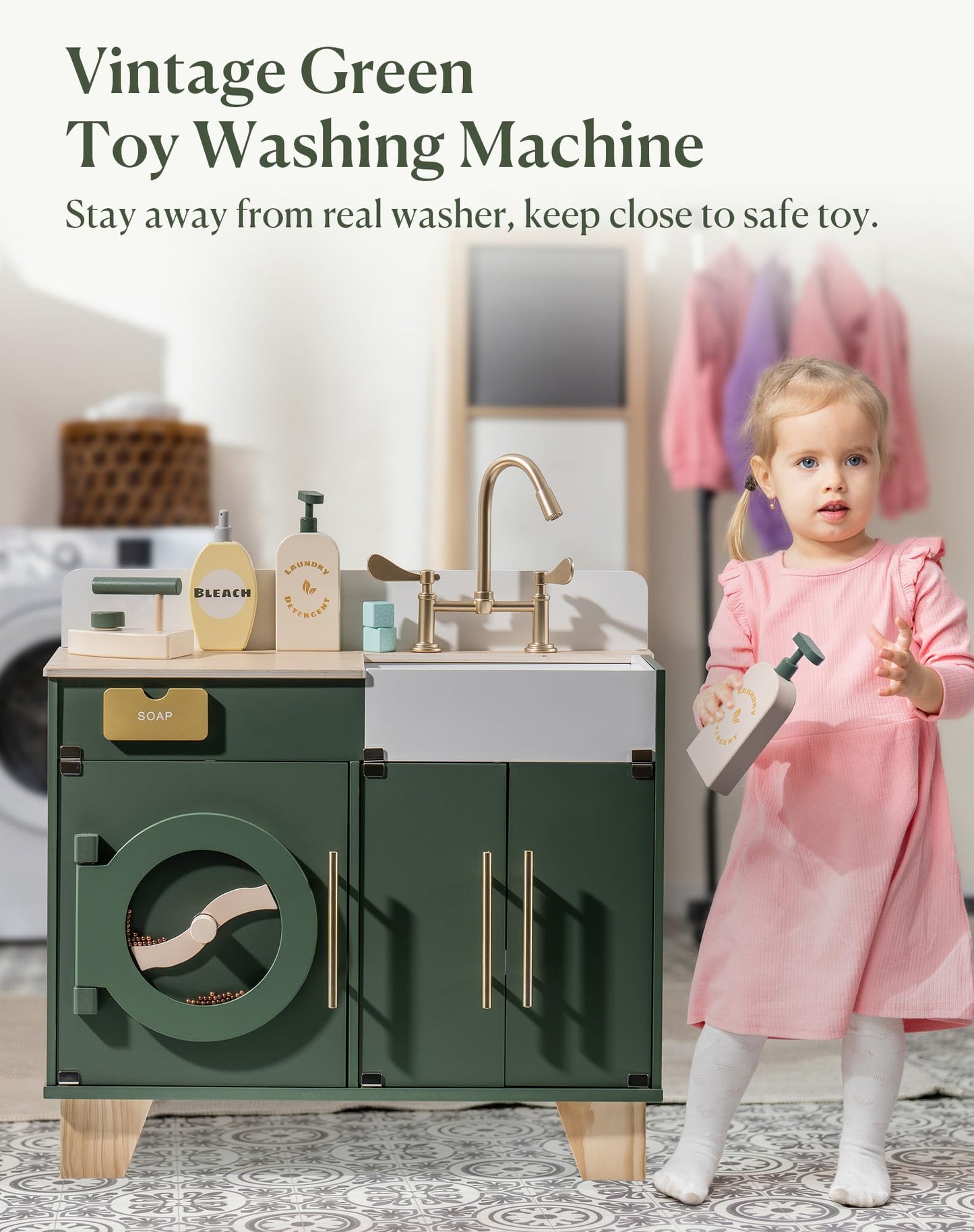 Robotime Play Kitchen Set- Wooden Toy Washing Machine, Kids Washer And Dryer For Kids Kitchen Playset With Realist Sound/Iron, P