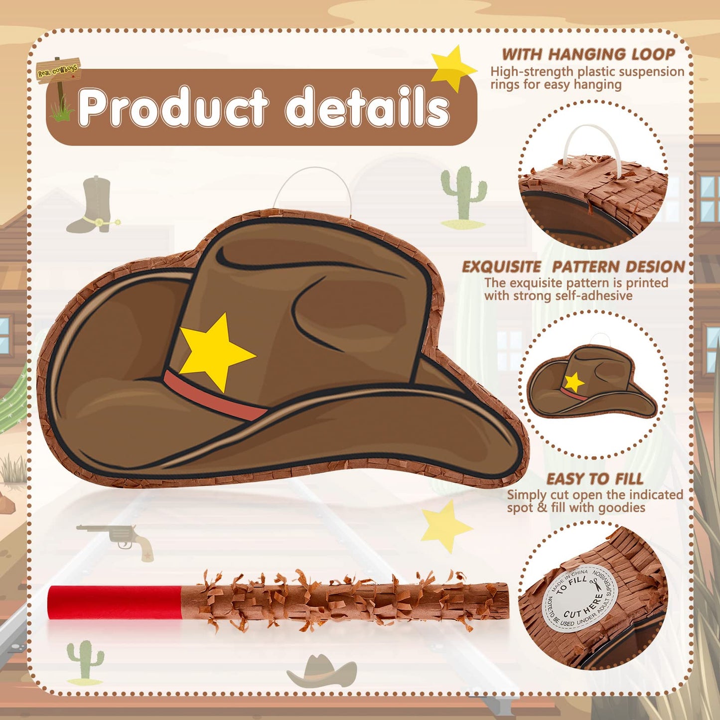 Lewtemi 15.7 Inch Cowboy Hat Piñata Western Cowboy Theme Birthday Party Decors Favors With Blindfold Stick Confetti Photo Prop Candy Holder Valentine'S Party Supplies(Simple)
