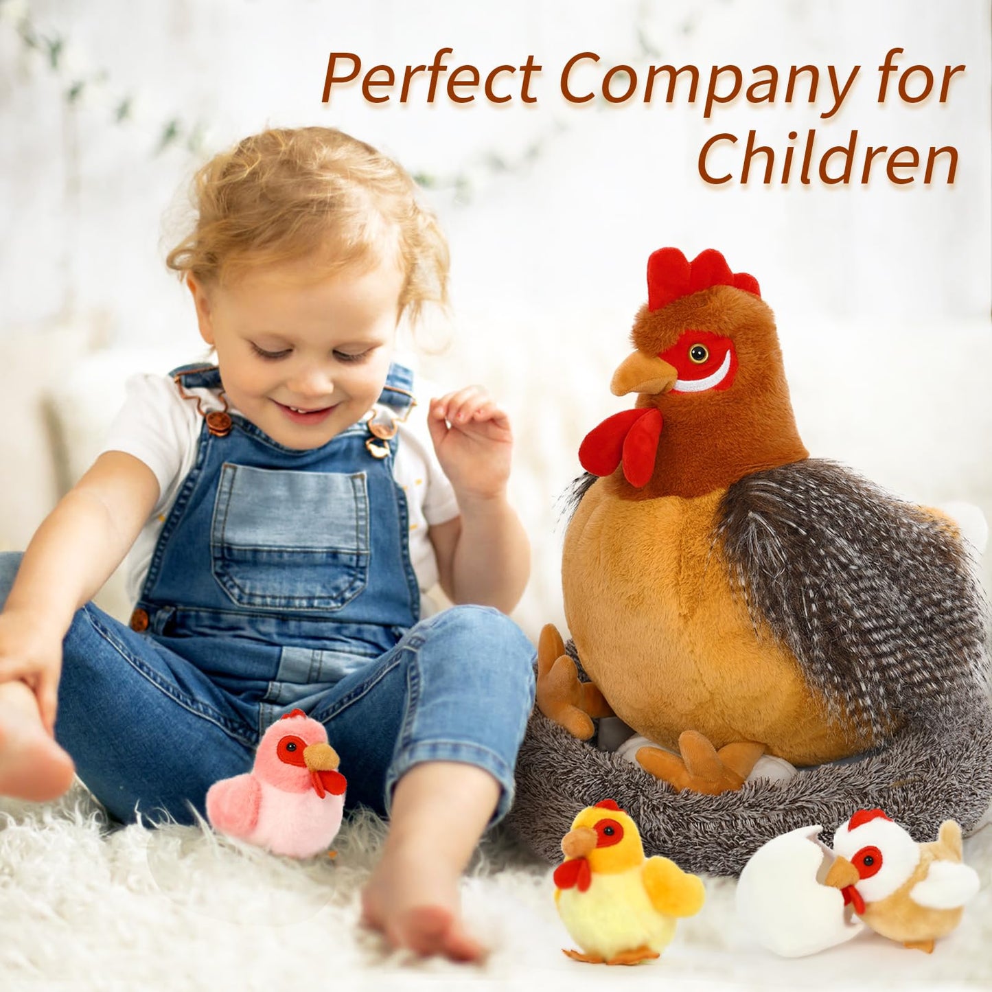 BENINY Egg Laying Hen Plush Toy, Brown Polyester Stuffed Animal with Baby Chicks, Mother Babies Series, Perfect for Kids & Christmas