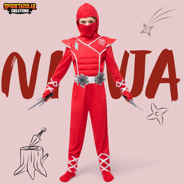 Spooktacular Creations Halloween Ninja Costume Red Ninja Outfit Set for Kids Halloween Costumes with Accessories for Boys Dress Up and Role Play Party (Medium 8-10 yrs)