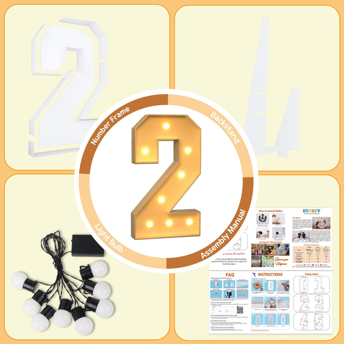 Imprsv 3Ft Marquee Numbers, Light Up Numbers For 2Nd 25Th Birthday Decorations Anniversary Party Decor, Number 2 Light Up Number