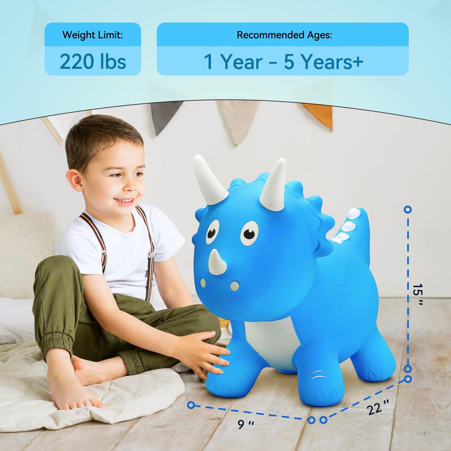 VangeBow Dinosaur Bouncy Horse for Toddlers, Inflatable Ride-On Hopper Toy, Medium Size, Softer PVC, Perfect for 1-5 Year Olds, Pump Included