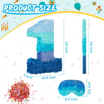 Number 1 2 3 4 5 6 7 8 9 Piñata With Stick Blindfold Confetti, Gradient Blue Piñata For Kids Birthday Party Large Blue Piñata For Boys Girls Birthday Anniversary Decoration Supplies(Number 1)