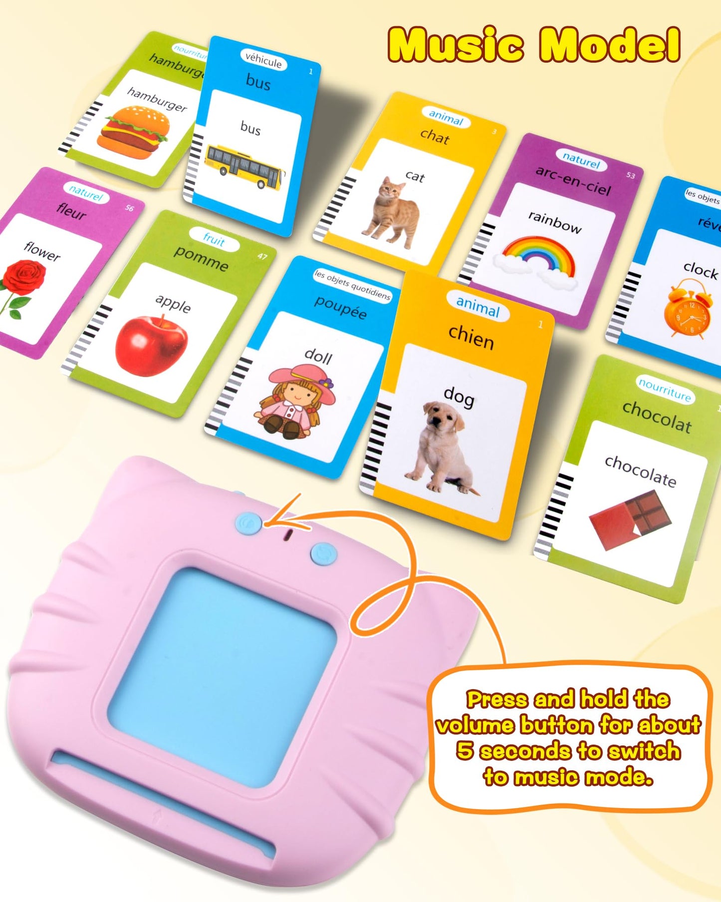 XTACO 510 Words French Flash Cards for Kids, Bilingual Toddler Learning Toys, Autism Sensory Toys, Small, Pink, Age 2-4
