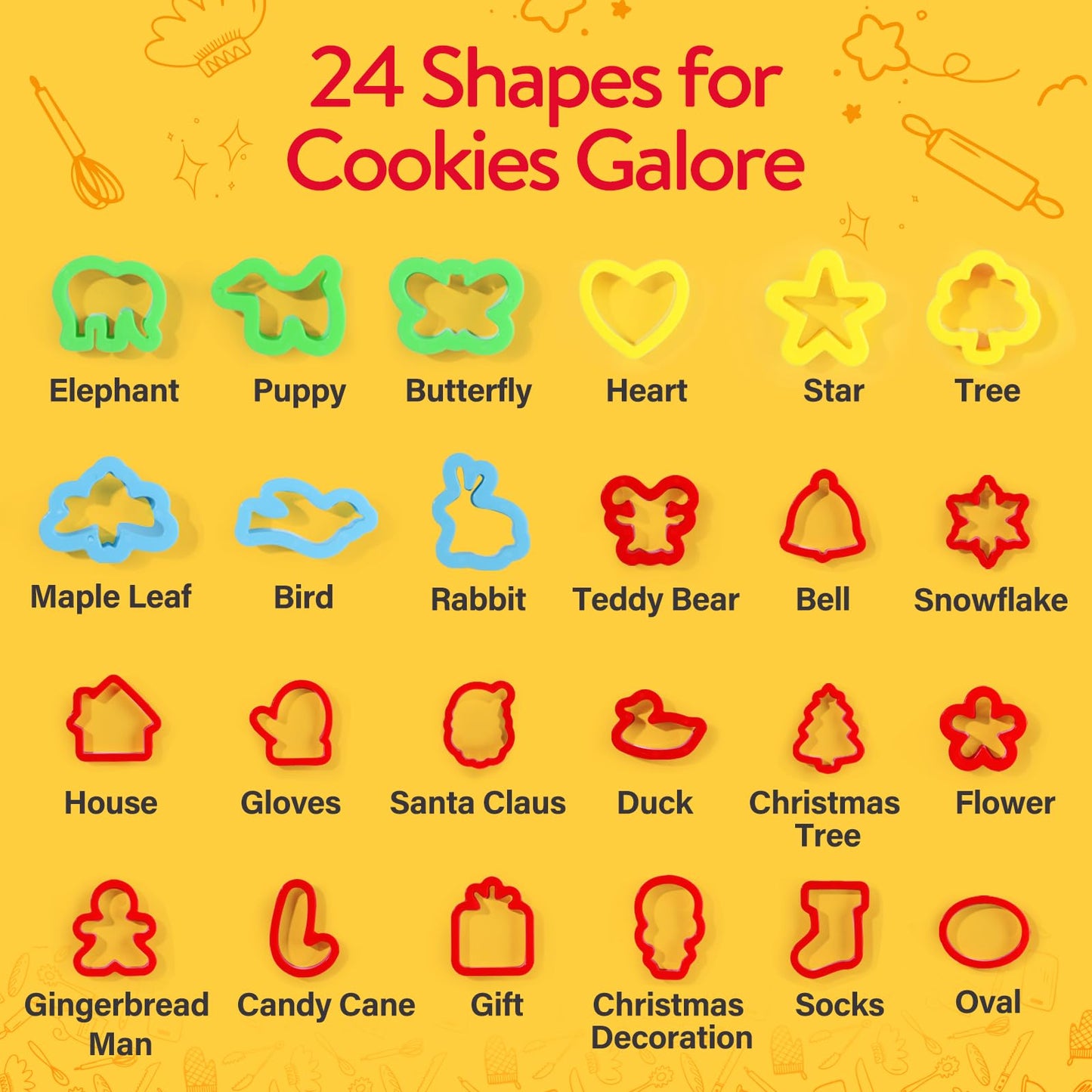 Kids Cooking & Baking Sets Real, Toddler Kitchen Toys, 24 Assorted Cookie Cutters - with Rolling Pin, Silicone Baking Pan, and N