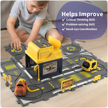 YOOYID Puzzle Racer Kids Car Track Set with Standard Bus Station and 2 Cars, Floor Puzzles for Ages 3-5, Gift for 3 4 5 Year Old